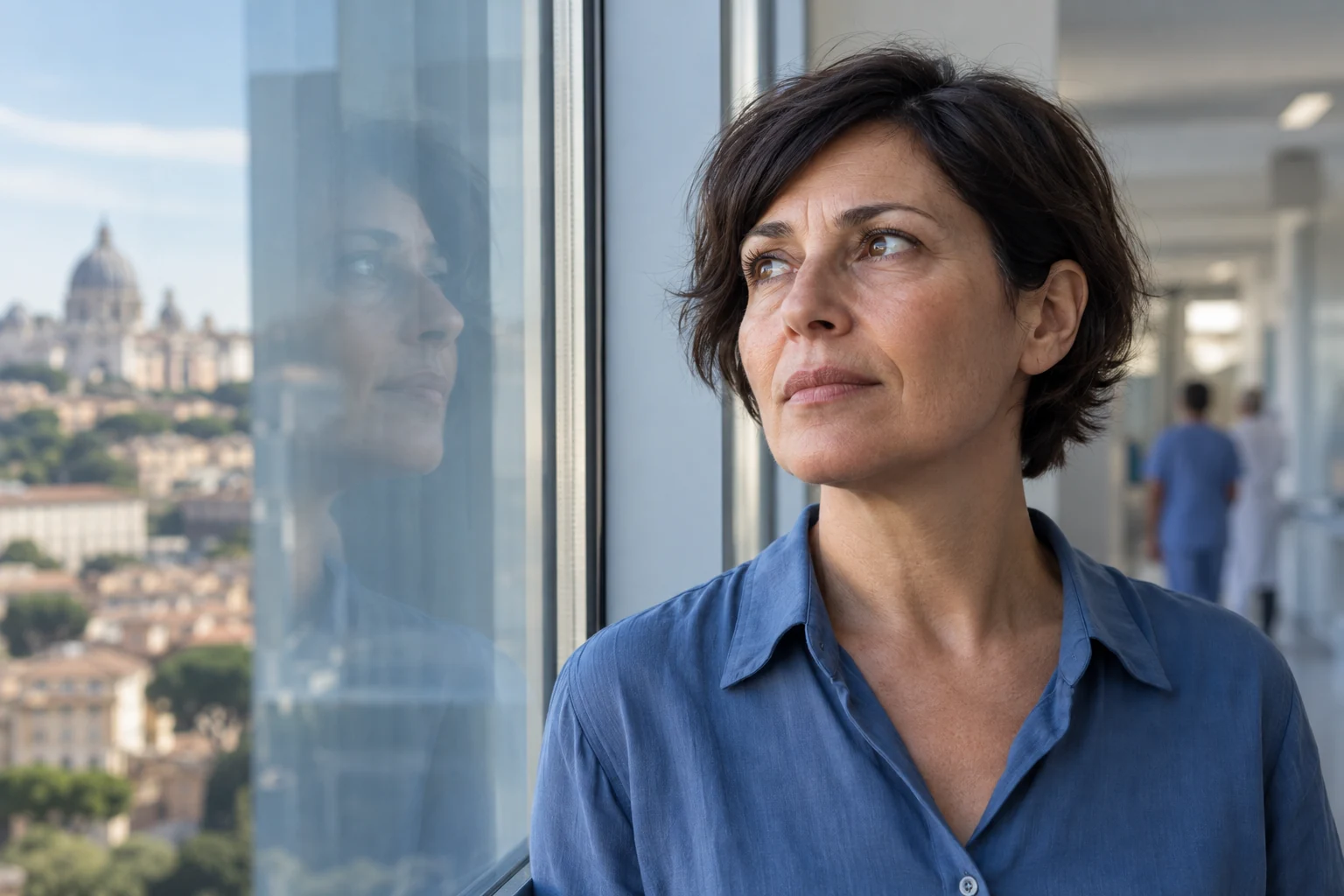 Una donna osserva pensierosa fuori da una finestra, con il suo riflesso sul vetro. Immagine illustrativa.