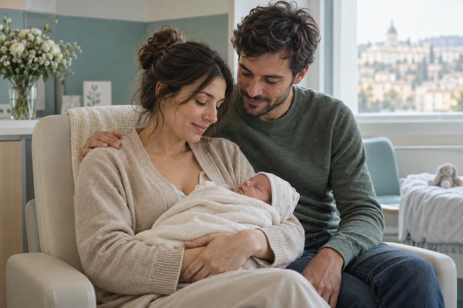 Due genitori accanto al loro neonato in una stanza luminosa. Immagine illustrativa.