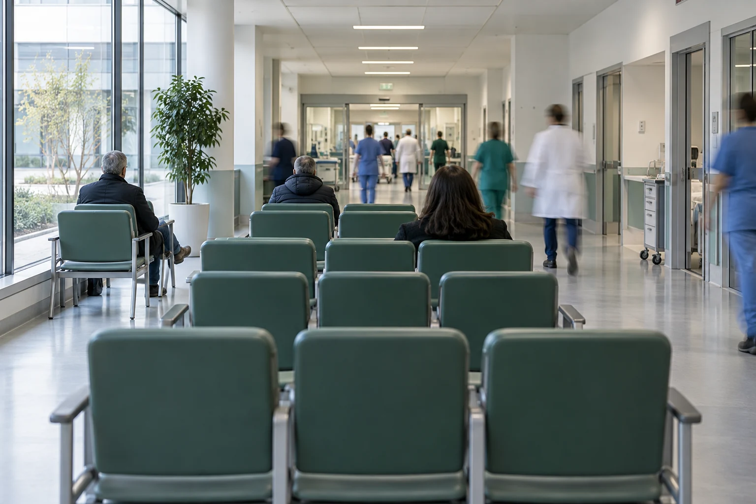 Prospettiva di una sala d’attesa e di un corridoio ospedaliero, con persone sullo sfondo. Immagine illustrativa.